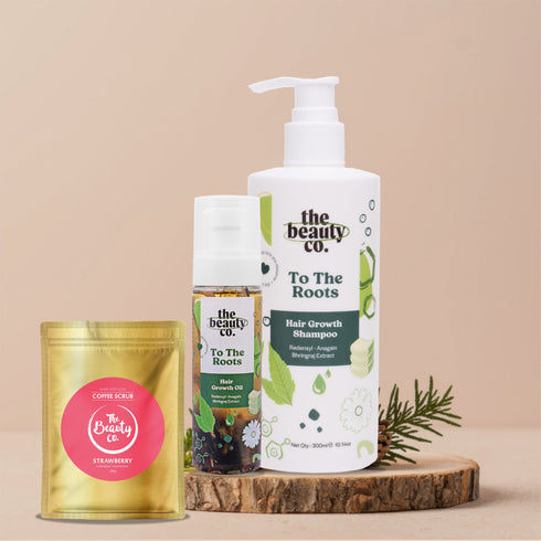 the beauty co Hair Elixir | Hair Growth Shampoo and Oil and Strawberry Coffee Scrub